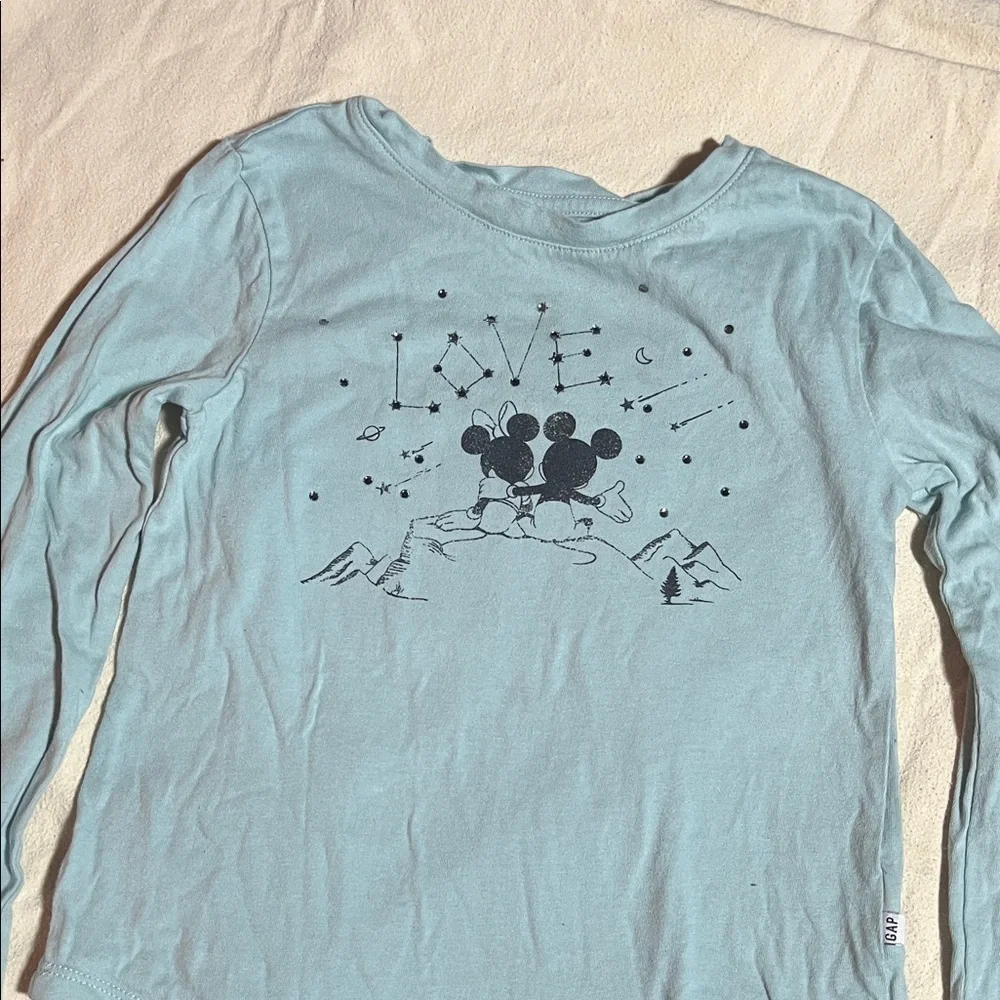 GAP Disney Sky Blue Long Sleeve Tee with Love and Mouse Graphic